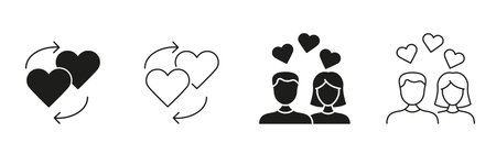 Hearts And Couple Line And Solid Icon Set. Relationship Dynamics, Love Exchange, And Romantic Connection Silhouette Symbol Collection. Emotional Bonding. Isolated Vector Illustrationのイラスト素材