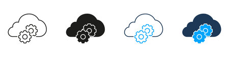 Cloud Computing with Gear Technology Line and Solid Icon Set. Digital Server Storage Innovation...