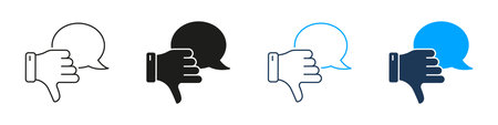 Thumbs Down With Speech Bubble Line And Solid Icon Set. Negative Feedback, Disapproval, And Criticism Symbol Collection. Communication And Opinion Expression. Isolated Vector Illustrationのイラスト素材