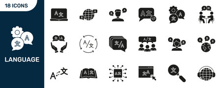Language Translation And Global Communication Silhouette Icon Set. Multilingual Interaction, And Language Learning Collection. Translation Tools And Services. Isolated Vector Illustrationのイラスト素材