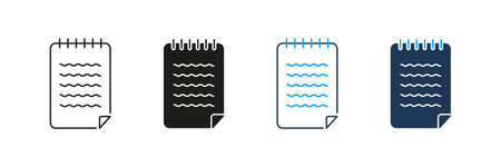 Notebook With Spiral Binding Line And Solid Icon Set. Note-Taking, Writing, And Organization Symbol...
