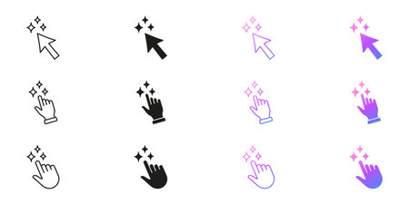 AI Click Cursor and Hand With Sparkle Icons Line and Solid Icon Set. Artificial Intelligence Interactive Pointer and Gesture Symbol Collection. Isolated Vector Illustrationのイラスト素材