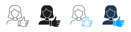 Female Avatar With Thumbs Up Line And Solid Icon Set. Positive Feedback, Approval, And Satisfaction Silhouette Symbol Collection. User Interaction And Engagement. Isolated Vector Illustrationのイラスト素材