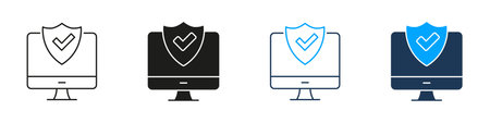 Computer With Shield And Checkmark Line And Solid Icon Set. Cybersecurity, Data Protection, And...