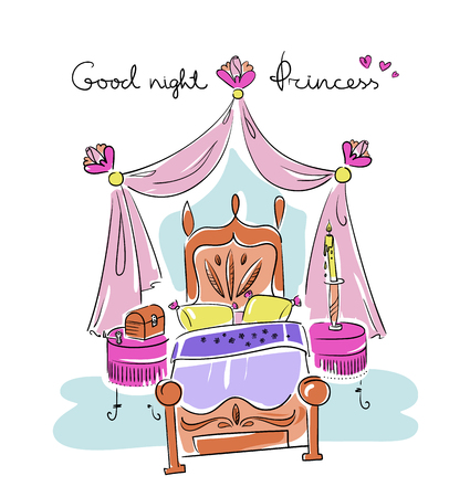 Bedroom for a girl. Princess style: bed, canopy, nightstand, flower. Line art illustration vector eps 10のイラスト素材