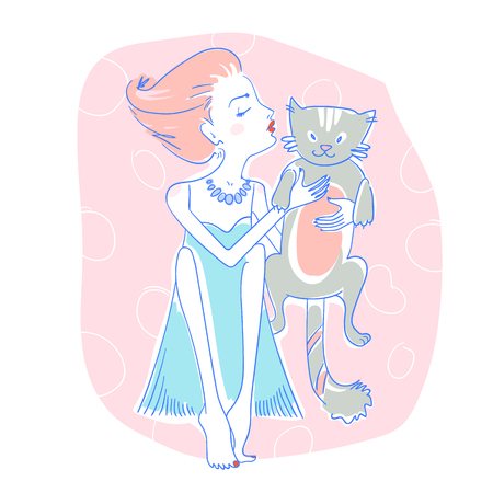 Beautiful woman sitting in her bedroom with cat. Vector illustration eps 10のイラスト素材