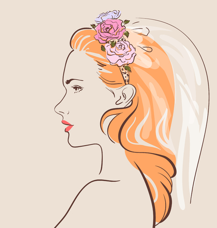 Beautiful woman in veil with a stylish hair do. Pretty bride. Vector illustration eps 10のイラスト素材