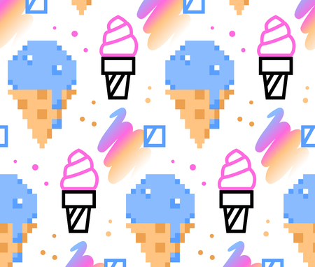 Summer ice-cream seamless pattern. Pixel art and line art styles. Vector illustration eps 10のイラスト素材