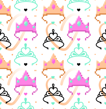 Woman symbols seamless pattern. Tiara, crown. Pixel art and line art styles. Vector illustration eps 10のイラスト素材