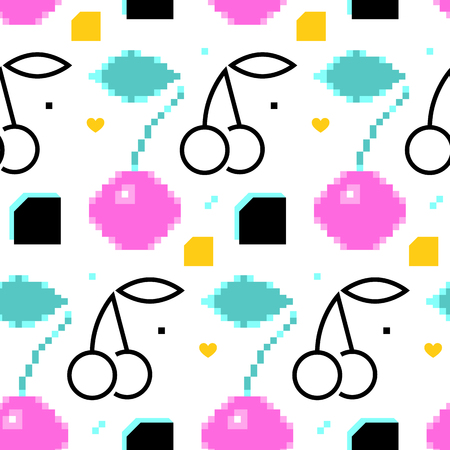 Fun cherry seamless pattern. Pixel art and line art styles. Vector illustration eps 10のイラスト素材