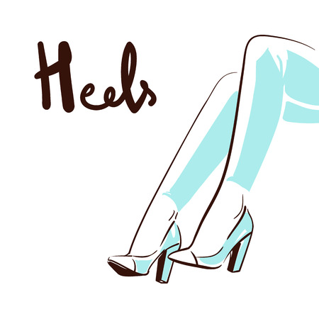Beautiful woman wearing high heel shoes. Line art. Isolated on white background. のイラスト素材
