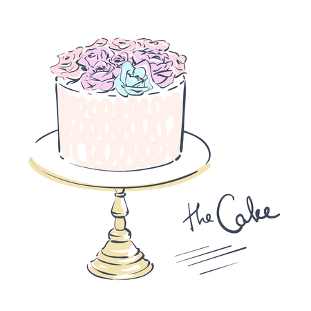 Wedding celebration attribute. Cake decorated with flowers on a stand. Line art on white background. Vector illustration eps 10.のイラスト素材