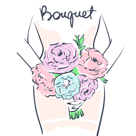 Wedding celebration attribute. Bride holding a flower bouquet. Line art on white background.のイラスト素材