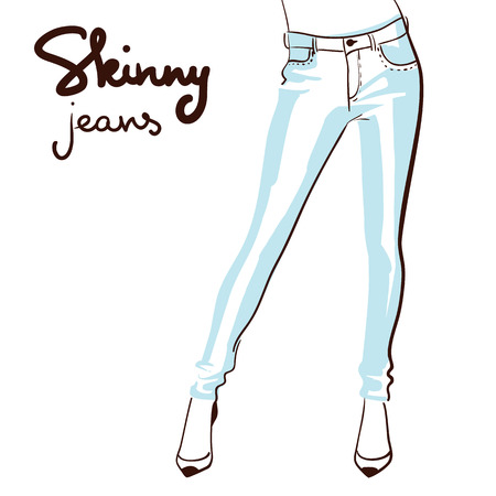 Beautiful woman wearing skinny jeans. Line art. Isolated on white background. Vector illustration eps 10.のイラスト素材