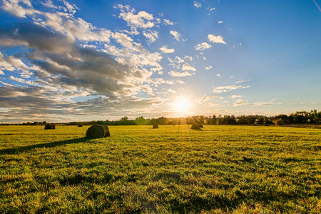 field with haystacks at sunset in early autumn eveningの写真素材