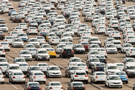 Volkswagen, Russia, Kaluga  - JULY 31, 2016: New cars parked at distribution center, automobile factoryのeditorial素材
