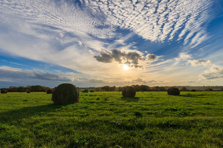 field with haystacks at sunset in early autumn eveningの写真素材