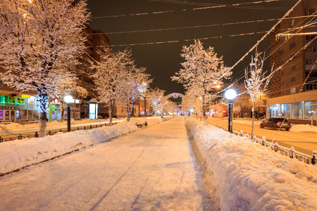 Walk of the city at night in winter. Alley with lights, trees, garlands covered with snow.の写真素材