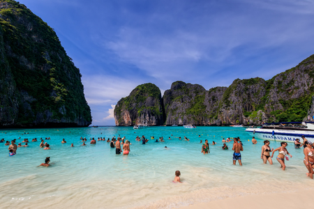 Maya Bay, Thailand, Krabi  - November 20, 2017: island of Phi Phi in a summer sunny day with karst rocks, boats, people and turquoise sea. Landscape.のeditorial素材