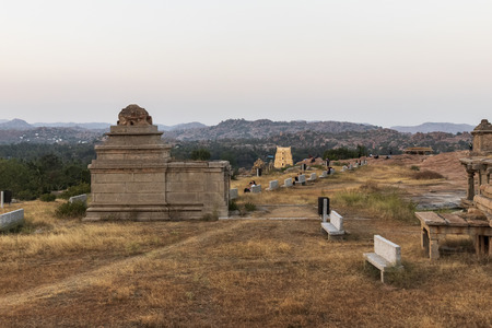 Sunset in Humpi, state Karnataka, India. Old ancient ruins and Hindu temles.の写真素材