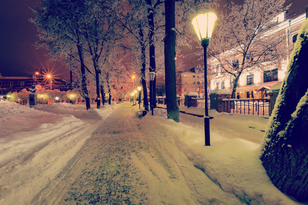 Winter park at night with decorations, lights, benches and trees.の写真素材