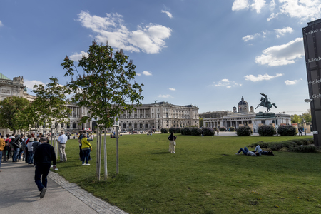 VIENNA, AUSTRIA - APRIL 22, 2019: Beautiful park with flowers, lawns and trees on a sunny spring day in the center of city.のeditorial素材