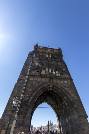 PRAGUE, CZECH REPUBLIC - APRIL 21: The Powder Tower - medieval gothic gate in Prague in a sunny day.のeditorial素材
