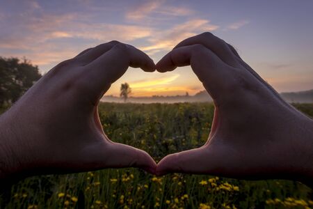 Hands in the shape of heart against the sunrise over the field with flowers in the summer with a sky background. Landscape.の写真素材