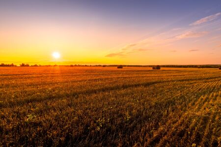 Sunset on the field with haystacks in Autumn season. Rural landscape with cloudy sky background in a...