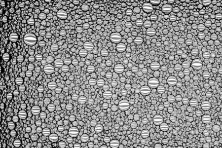 Top view on black and white drops of oil on the water. Circles and ovals. Monochrome abstract background for design with reflected refracted lines.の写真素材
