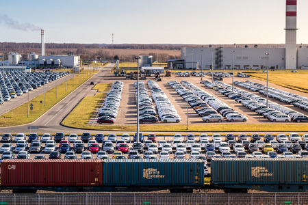Volkswagen, Russia, Kaluga  - NOVEMBER 13, 2019: New cars parked in a distribution center on a sunny...