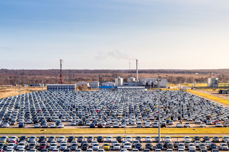 Volkswagen, Russia, Kaluga  - NOVEMBER 13, 2019: New cars parked in a distribution center on a sunny...