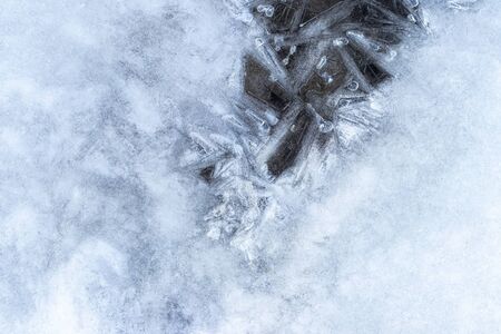 Texture of ice in the winter. Abstract background for design, photographed closeup. A melting or...