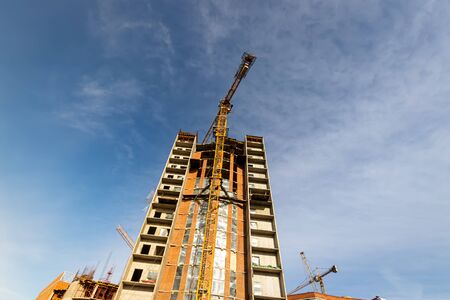 Boom crane on a background of cloudy cloudy sky and building.