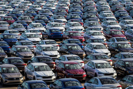 Volkswagen Group Rus, Russia, Kaluga - MAY 25, 2020: Rows of a new cars parked in a distribution...