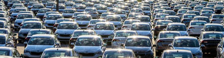 Volkswagen Group Rus, Russia, Kaluga - MAY 25, 2020: Rows of a new cars parked in a distribution...