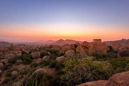 Sunset or sunrise in Hampi, Karnataka state, India. Ruins of ancient Hindu temples and buildings. Indian architecture.の写真素材