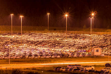 Volkswagen, Russia, Kaluga - AUGUST 26, 2020: New cars parked at distribution center of automobile...