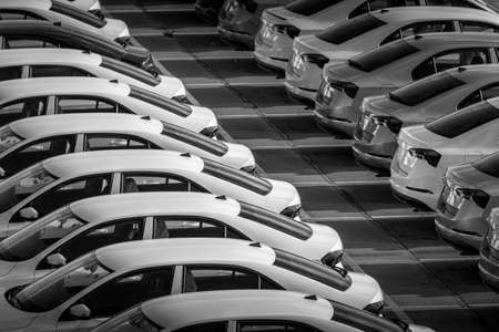 Volkswagen Group Rus, Russia, Kaluga - MAY 24, 2020: Rows of a new cars parked in a distribution...