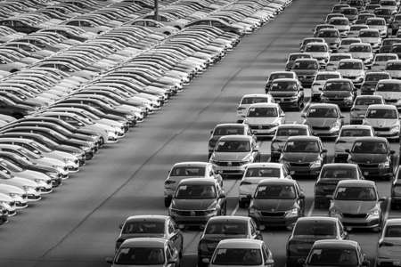 Volkswagen Group Rus, Russia, Kaluga - MAY 24, 2020: Rows of a new cars parked in a distribution...