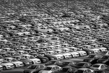 Volkswagen Group Rus, Russia, Kaluga - MAY 24, 2020: Rows of a new cars parked in a distribution...