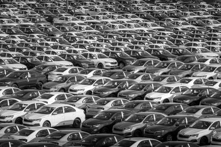 Volkswagen Group Rus, Russia, Kaluga - MAY 24, 2020: Rows of a new cars parked in a distribution...