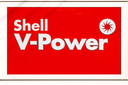 Russia, Kaluga - SEPTEMBER 29, 2020: The red shell v-power oil logo at a gas station.