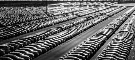 Russia, Kaluga - NOVEMBER 12, 2020: Rows of new cars parked in a factory or dealership parking lot...