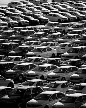 Russia, Kaluga - NOVEMBER 12, 2020: Rows of new cars parked in a factory or dealership parking lot...