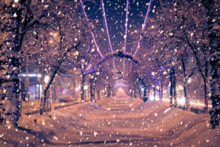 Blured photo of a winter night park with lanterns and Christmas decorations in heavy snowfall.