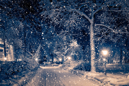Winter night park with lanterns, pavement and trees covered with snow in heavy snowfall.