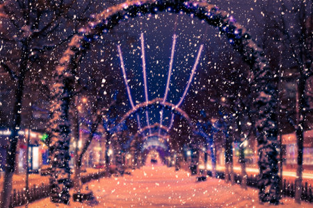 Blured photo of a winter night park with lanterns and Christmas decorations in heavy snowfall.
