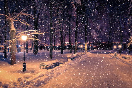 Winter night park with lanterns, pavement and trees covered with snow in heavy snowfall.