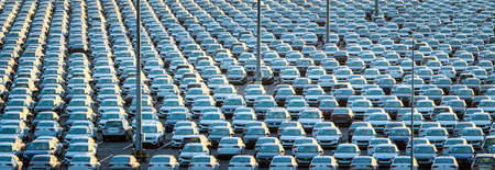Volkswagen Group Rus, Russia, Kaluga - MAY 25, 2020: Rows of a new cars parked in a distribution...